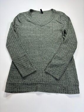 Prinstory Women’s V-Neck Long Sleeve Knit Tee - Gray/Green